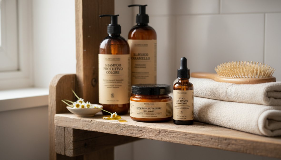 Ripiano di bagno in marmo bianco con flaconi di shampoo viola antigiallo, maschera nutriente color crema e olio per capelli in bottiglia ambrata disposti in ordine, sfondo luminoso con luce naturale