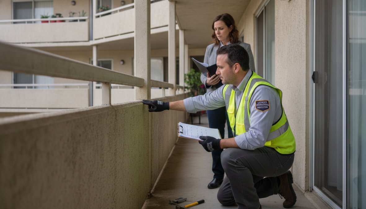Licensed structural engineer conducting a detailed balcony inspection, examining railings and structural connections with measurement tools on a multi-unit residential building