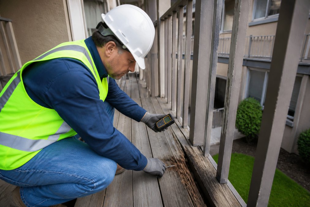 Licensed inspector in hard hat and safety vest examining wooden balcony decking with moisture meter, checking for dry rot and structural damage on residential building exterior