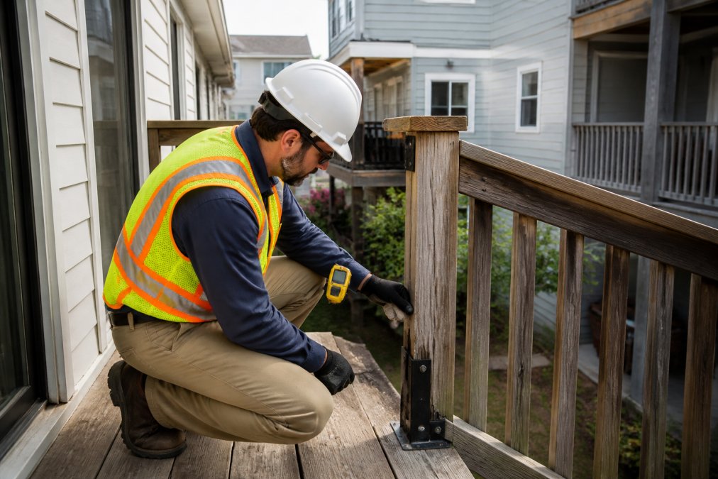Professional structural engineer in safety gear using moisture meter and inspection tools on wooden balcony decking, examining attachment points and structural connections on multi-unit residential building