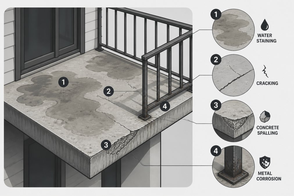 Close-up of deteriorated residential balcony decking showing visible water staining, discoloration, and corrosion on metal railings in natural daylight