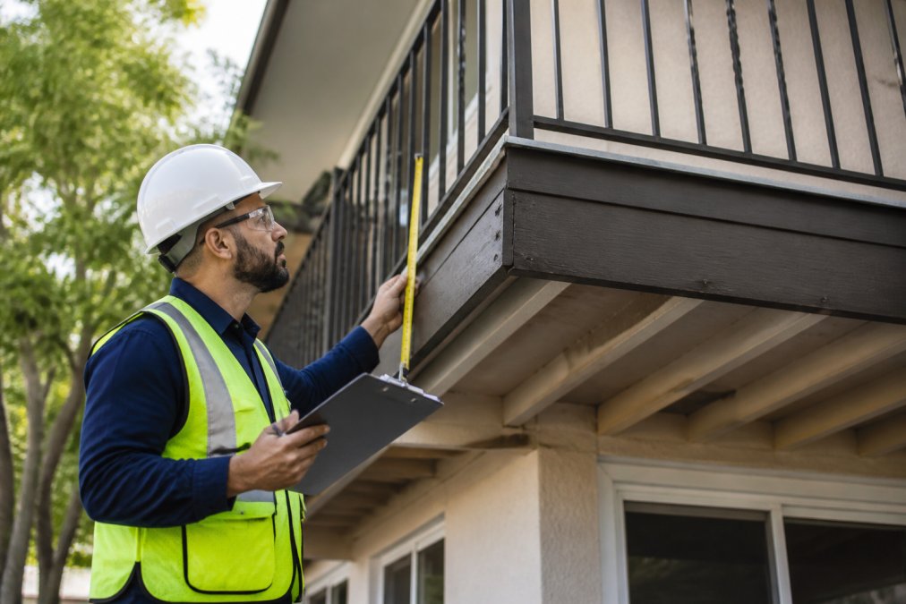 Licensed structural inspector in safety gear conducting detailed visual inspection of residential balcony railings and connections, examining materials with measurement tools and clipboard in natural daylight