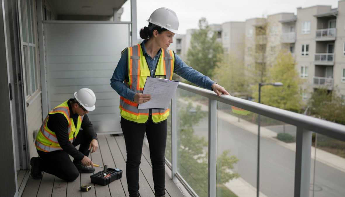 A licensed structural engineer in a hard hat and safety vest reviewing a clipboard with inspection documents while standing on a residential balcony, closely examining the railing and walking surface in afternoon sunlight