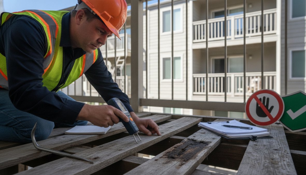 A professional balcony inspector in a hard hat and safety vest using a moisture meter on a wood-framed balcony deck to check for water intrusion and wood decay, with apartment building exterior visible in background
