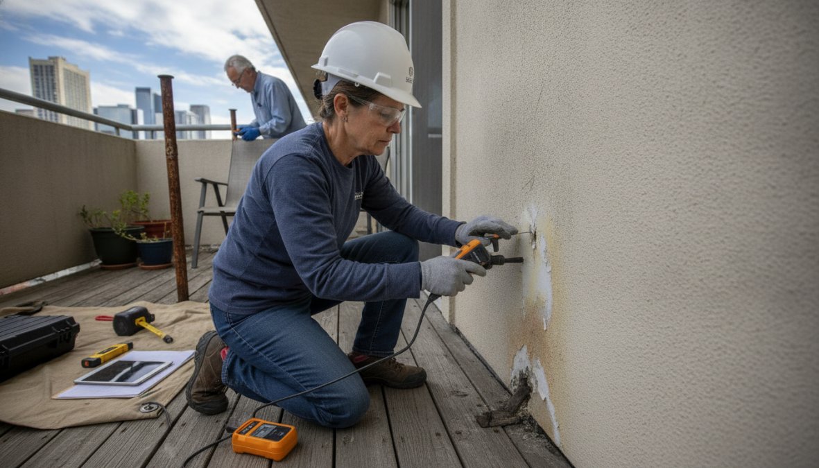 A licensed structural engineer in a hard hat and safety vest using a moisture meter and probe tool to examine the ledger connection and framing of a residential balcony, afternoon sunlight casting clear shadows across the weathered wood surface