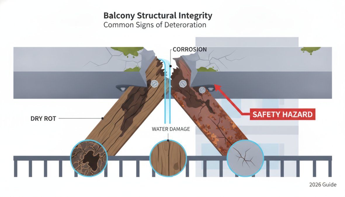 Close-up of a wooden balcony joist with visible dark brown dry rot and fungal growth along the grain, water staining on adjacent framing members, photographed in natural daylight showing the texture and depth of structural deterioration