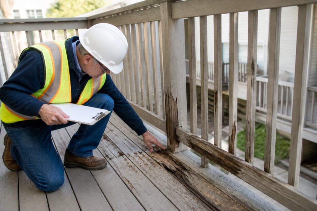Licensed inspector in safety gear examining a residential balcony surface with specialized inspection tools and clipboard, checking for visible signs of wood deterioration, water damage, and structural defects in natural daylight