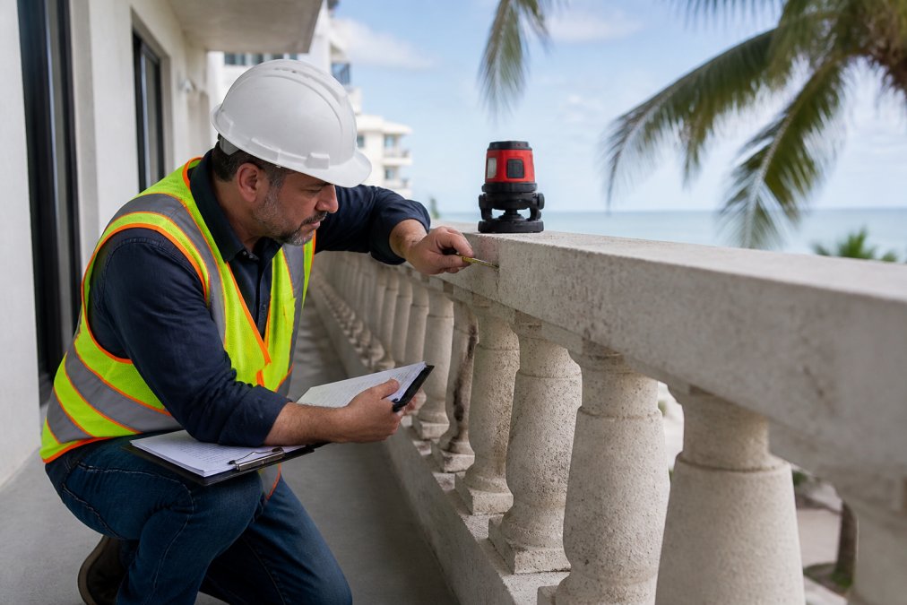 Licensed structural engineer in safety vest and hard hat conducting detailed balcony inspection using measurement tools and laser level, with clipboard and documentation materials visible, examining concrete railing closely