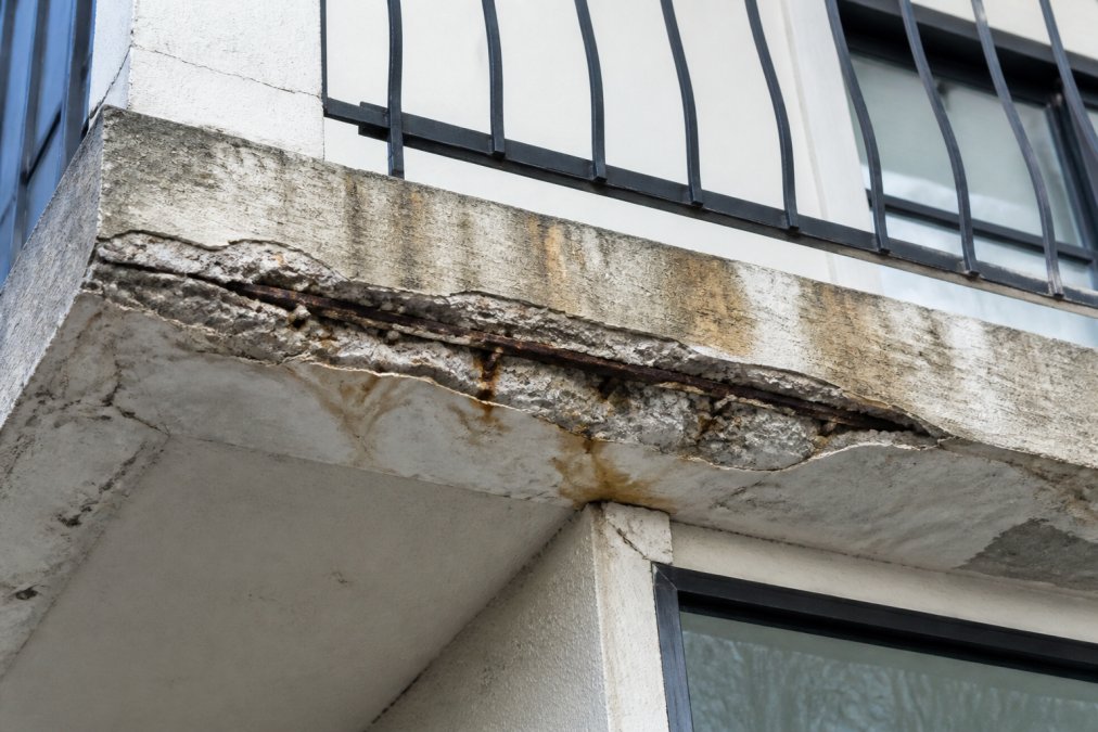 Close-up of cracked and spalling concrete on residential balcony with visible rebar corrosion, water staining, and deteriorating edges showing moisture intrusion damage
