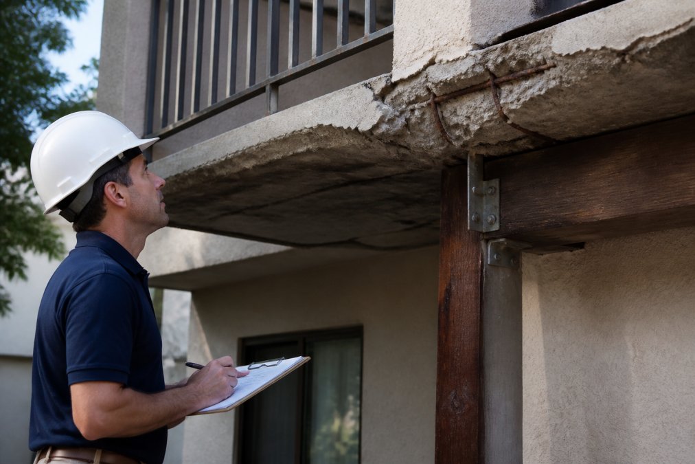 Licensed structural engineer conducting detailed visual inspection of residential balcony with clipboard and measuring tools, examining concrete deterioration, rebar exposure, and ledger board connections under natural daylight