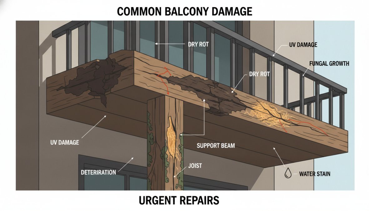 Close-up of exterior wooden balcony framing showing advanced dry rot, dark discoloration, and soft deteriorating wood fiber on structural support beams, photographed in natural daylight