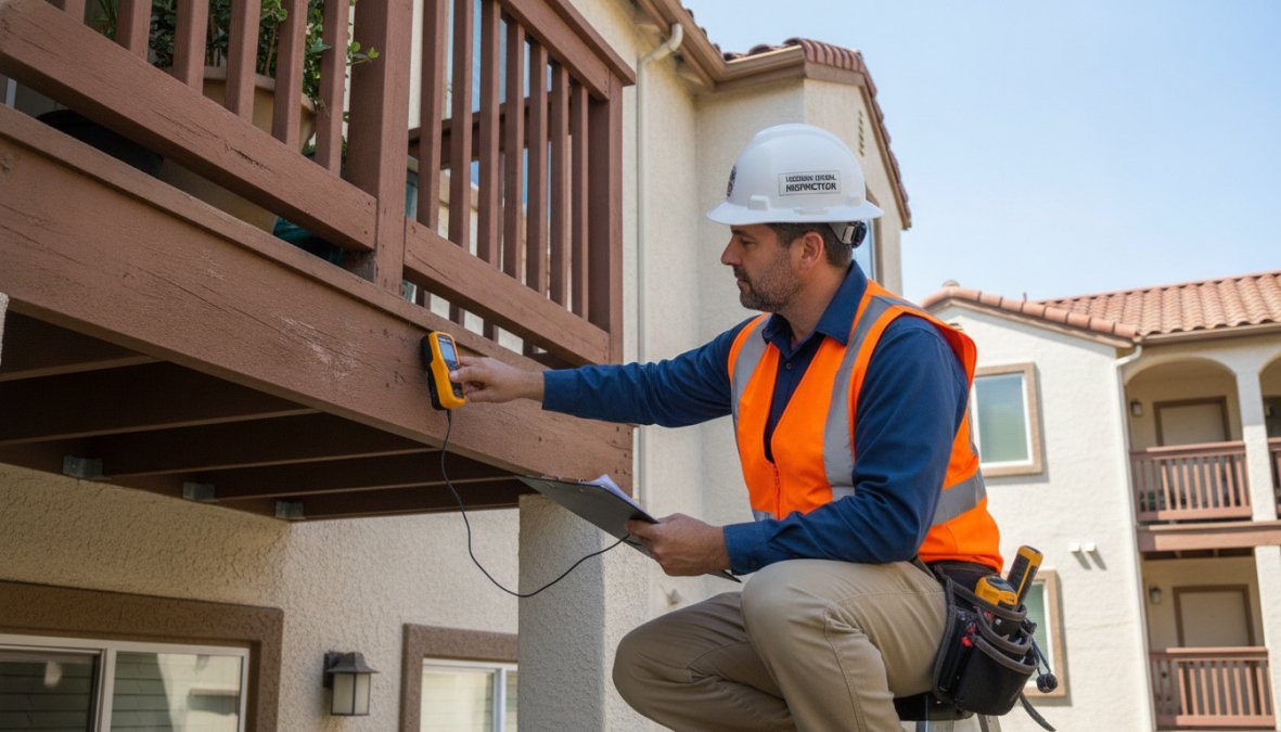 A licensed structural inspector in a hard hat and safety vest closely examining the underside of a wood-framed balcony railing on a multifamily apartment building in bright California daylight, holding a clipboard and moisture meter while crouching to inspect the connection point
