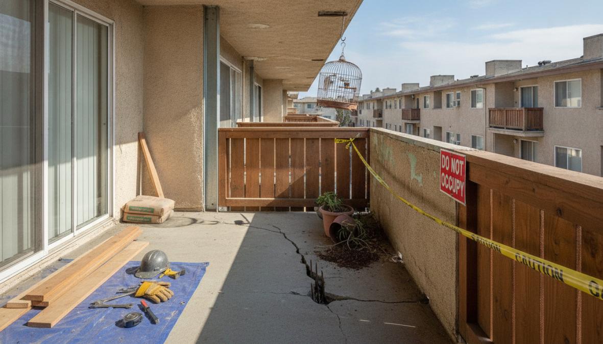 A construction crew of three workers repairing a weathered balcony deck on a California apartment building in bright afternoon sunlight, with two workers replacing rotted wood framing while a third applies a gray waterproofing membrane to the deck surface