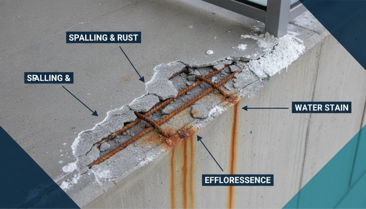 Close-up photograph of a concrete balcony surface showing visible spalling, rust stains bleeding from rebar, and white efflorescence deposits along the edges of the slab, taken in harsh afternoon sunlight