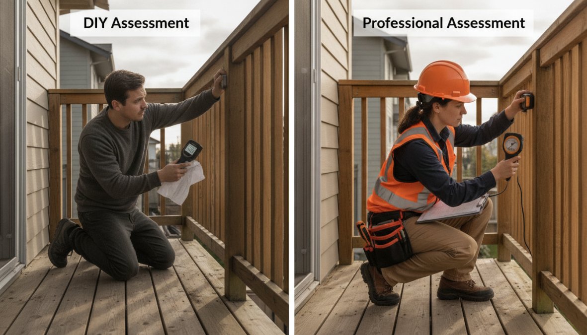 A licensed inspector wearing a hard hat and safety vest crouching on a balcony, pressing a moisture meter against a wooden ledger board while taking handwritten notes on a clipboard in bright afternoon sunlight