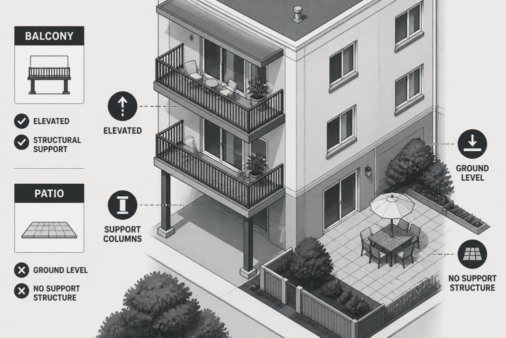 Aerial view of a multi-story residential building showing elevated balconies with metal railings and support columns visible from below, contrasted with a ground-level patio area featuring stone pavers and no visible support structure