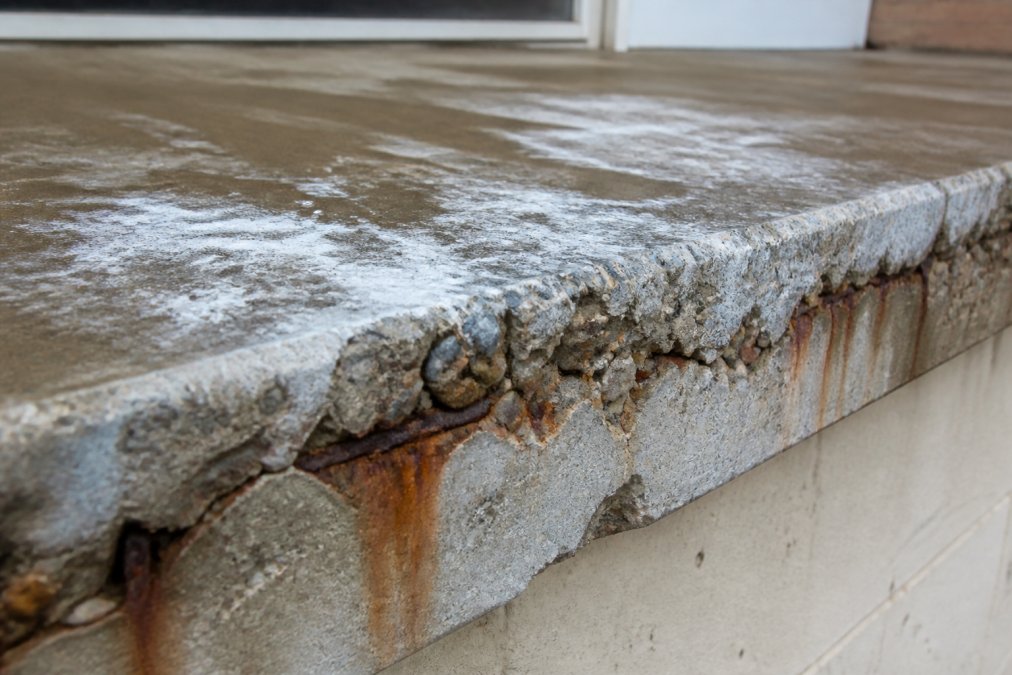 Close-up of concrete balcony surface showing visible water staining, white efflorescence deposits, and early spalling with exposed concrete aggregate and rust discoloration visible on the surface