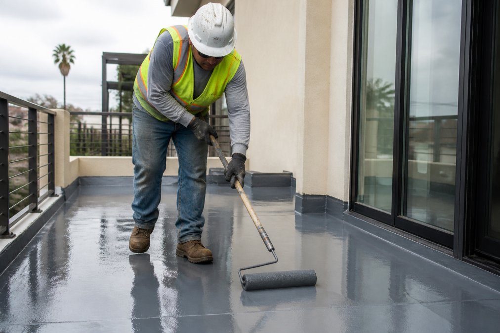 Professional construction worker in safety gear applying waterproofing membrane to a balcony deck surface using specialized equipment, with tools, protective equipment, and building structure visible in natural daylight