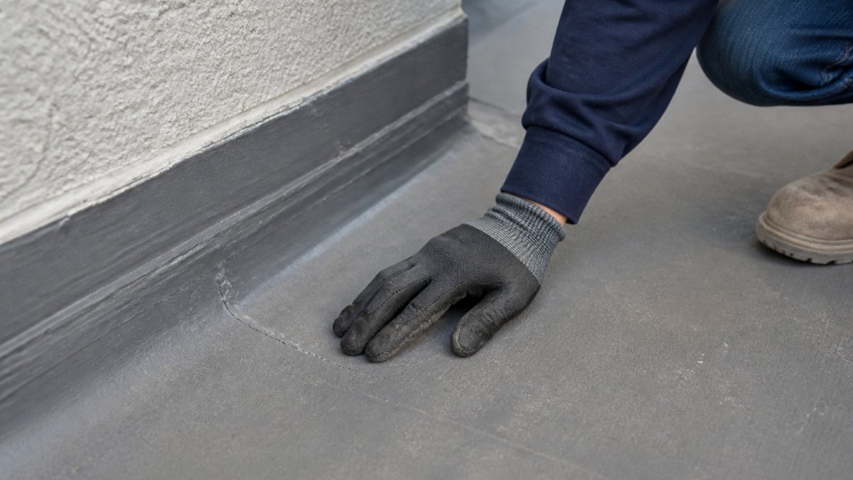Close-up of an inspector in work gloves running a hand along a balcony deck surface near a wall joint, with visible sealant lines and a small crack in the membrane
