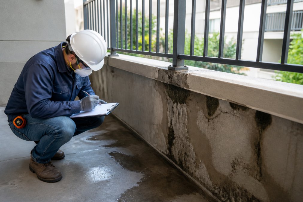 Contractor in protective gear and safety equipment carefully inspecting and documenting visible water damage, mold growth, and structural deterioration on a residential balcony substrate in daylight