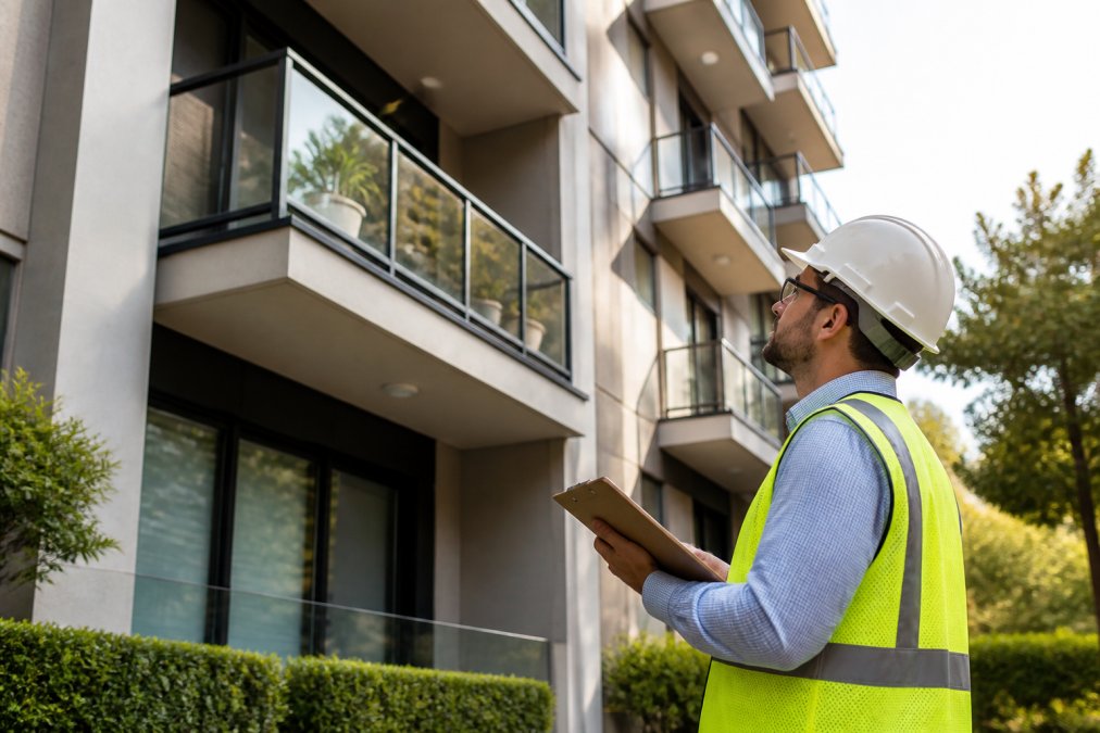 A licensed inspector in a safety vest and hard hat examining a multi-story apartment building balcony with a clipboard, warm morning light, focused expression