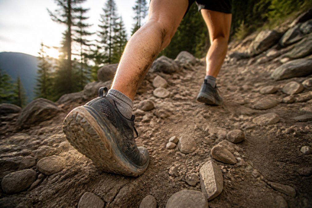 Close-up of a trail runner's feet mid-stride on a rocky mountain path, wearing low-cut performance socks with visible debris-shielding cuffs, dust and small rocks on the trail, late afternoon light filtering through pine trees