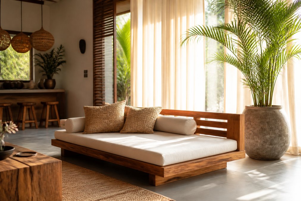 Modern living room featuring a teak daybed and rattan cushions in a bright space inspired by Balinese decor.