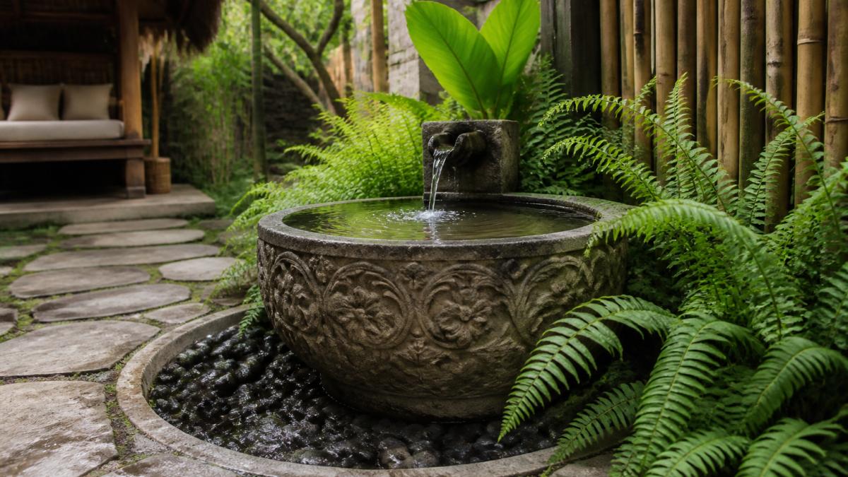 Serene Balinese-inspired garden with hand-carved stone water bowl surrounded by tropical ferns, bamboo screening, and natural stone pathways in soft afternoon light