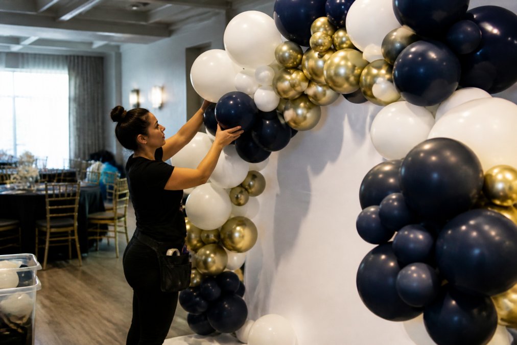 Professional balloon artist arranging colorful latex and foil balloons on a backdrop frame at an event venue, carefully positioning each balloon to create a cohesive design