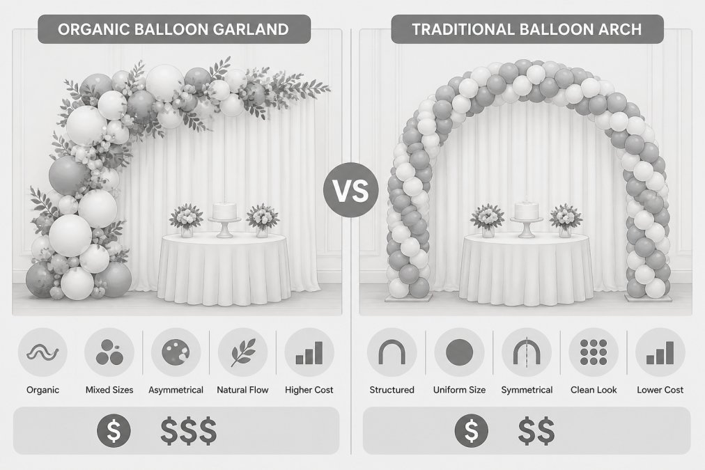 Side-by-side view of an organic balloon garland installation with flowing, asymmetrical arrangement next to a traditional structured balloon arch at an event venue, clearly showing the visual and compositional differences between both styles