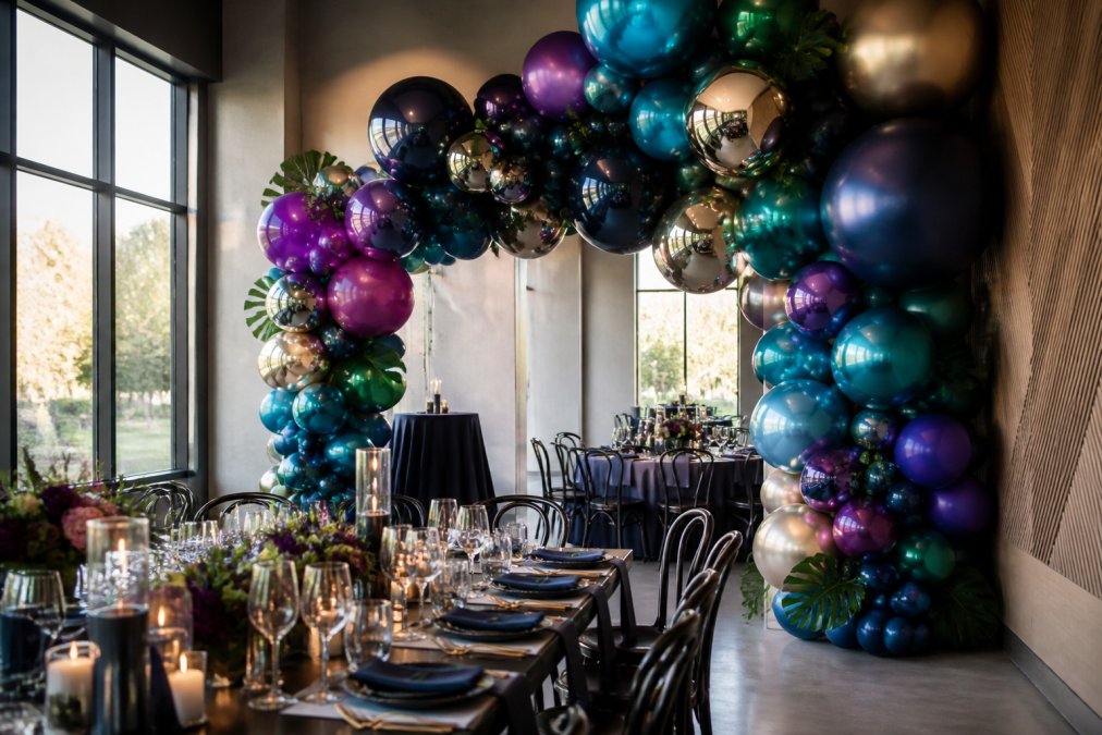 Professional balloon installation featuring jewel tones, metallic chrome balloons, and matte finishes arranged in an asymmetrical organic arch at a modern event venue with elegant table settings and natural lighting