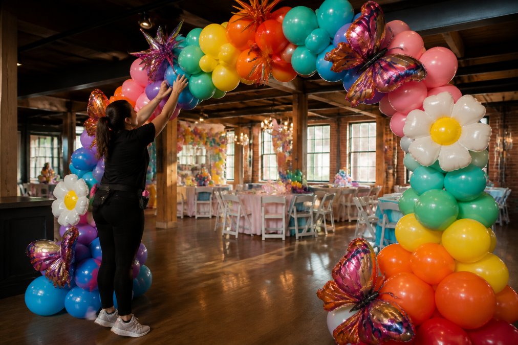 Professional balloon decorator installing a colorful arch with latex and mylar balloons at an indoor venue, with event tables visible in the background