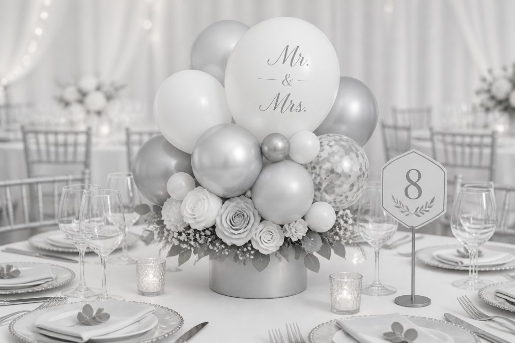 Close-up of an elegant balloon centerpiece on a wedding reception table with white linens and place settings
