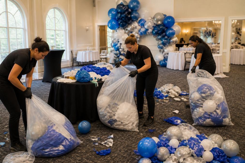 Team of professional balloon decorators carefully removing and collecting deflated balloons and colorful decor materials from an event space after a celebration, with large collection bags and organized disposal process visible