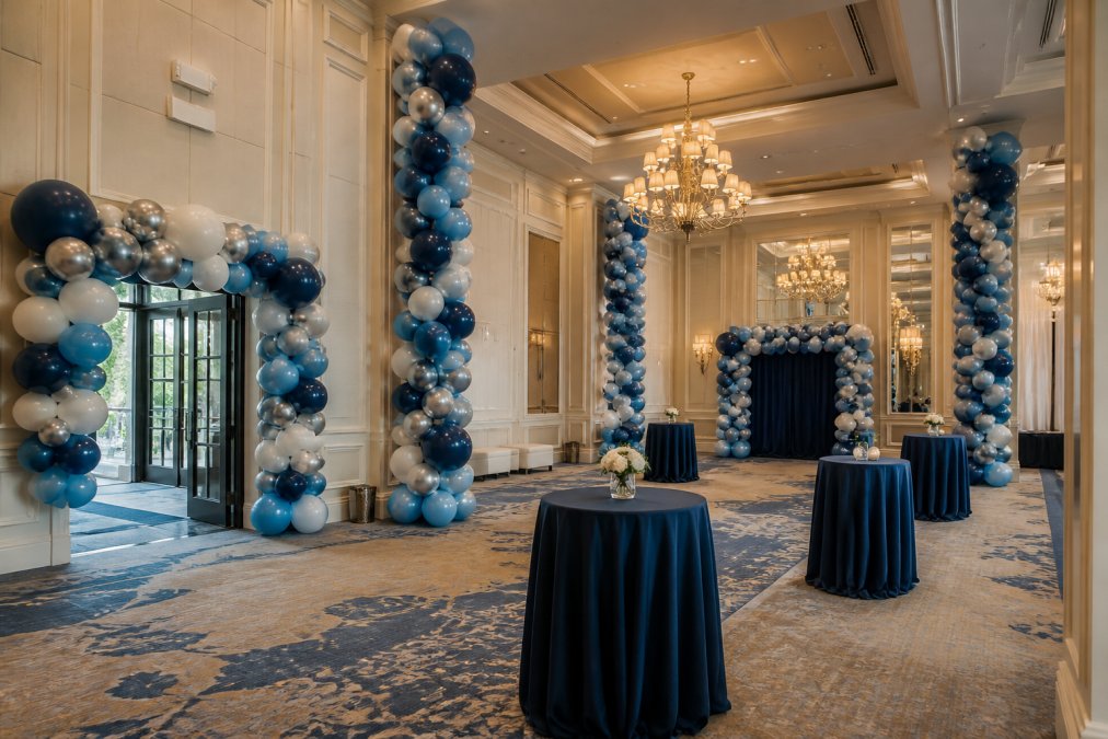 Wide shot of a large ballroom with organic balloon garland installations creating focal points around the space, showing ceiling-height balloon columns and strategic placement near entrance