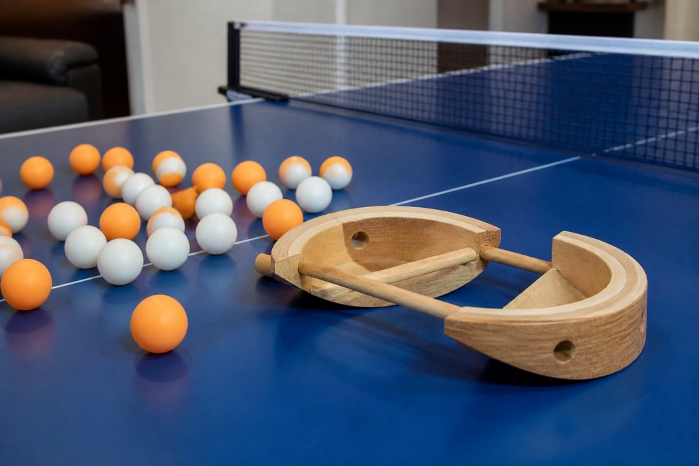 Diagram showing the MyPingPongBuddy ballsboy alternative, a two-piece wooden scoop for collecting table tennis balls.