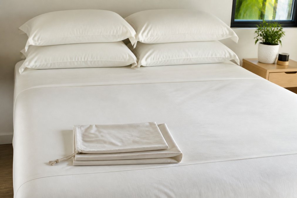 Neatly made bed with ivory bamboo sheets and four pillows in a bright bedroom with a storage bag at the foot