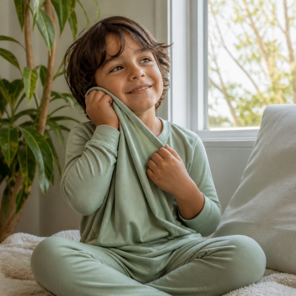Young child in soft bamboo pajamas smiling while touching the smooth fabric against their cheek, sitting in natural morning light by a window