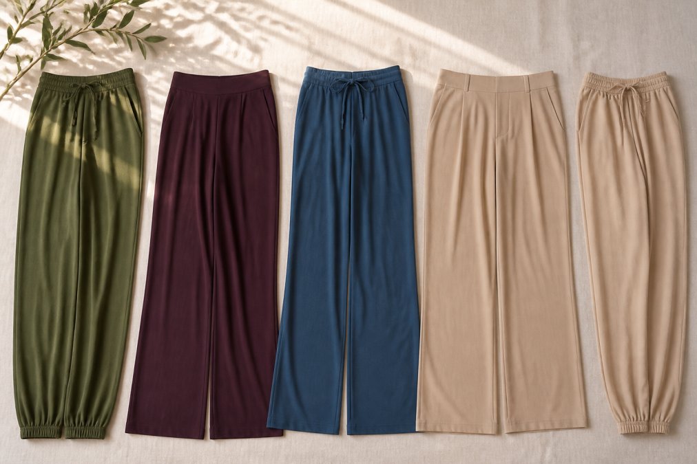 A flat lay of five bamboo pants in olive green, plum, blue, and neutral beige arranged on a light linen background, showing the different silhouettes side by side with soft natural window light
