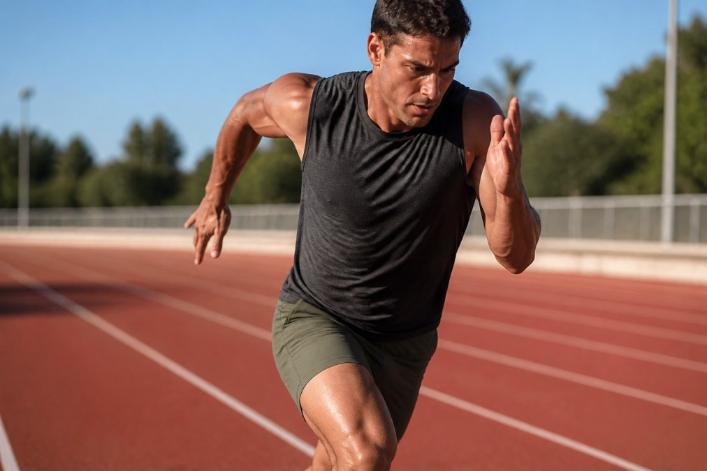 Runner mid-stride on an outdoor track wearing moisture-wicking bamboo running shorts in morning light.