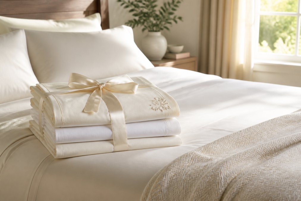 Ivory and white bamboo sheets tied with a ribbon for bamboo sheets gifting on a neatly made bed with sateen sheen.