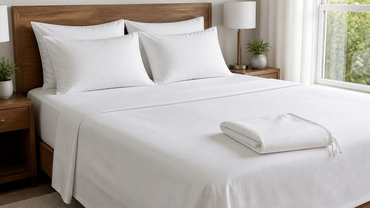 A neatly made queen bed in a bright bedroom, showing a fitted sheet, flat sheet, and four pillows in soft white bamboo bedding, with a folded storage bag resting on the foot of the bed