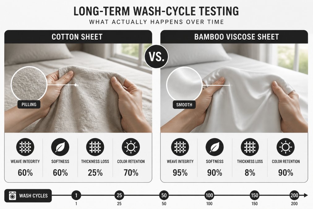 Side-by-side texture comparison for the bamboo sheets vs cotton durability comparison after repeated wash cycles