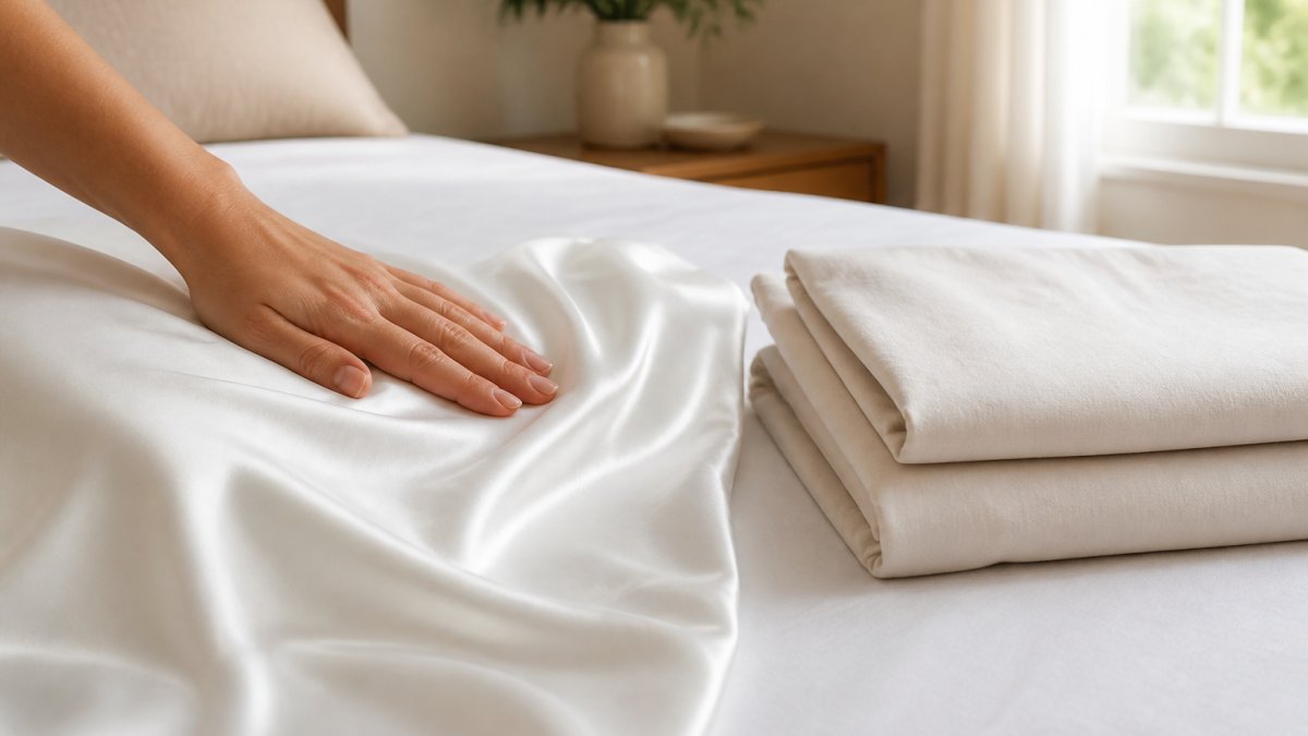 Close-up of a hand gliding across a smooth bamboo viscose sheet with a soft sheen, next to a folded cotton sheet with a matte finish, on a bright neutral bed in a sunlit bedroom