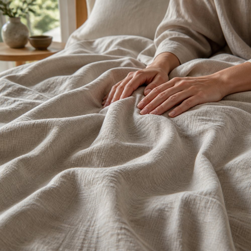 Infographic illustrating how linen weave texture and drape impact skin sensitivity and comfort