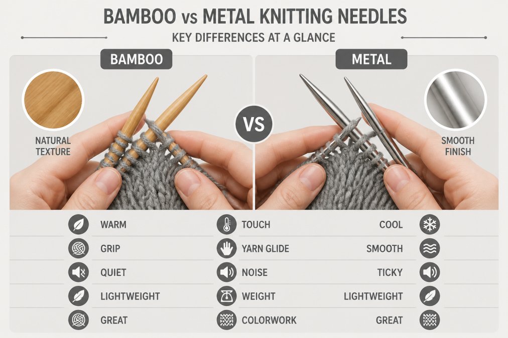 Close-up of hands holding bamboo knitting needles and metal knitting needles side by side, showing texture differences and surface finish, with yarn in progress on the needles