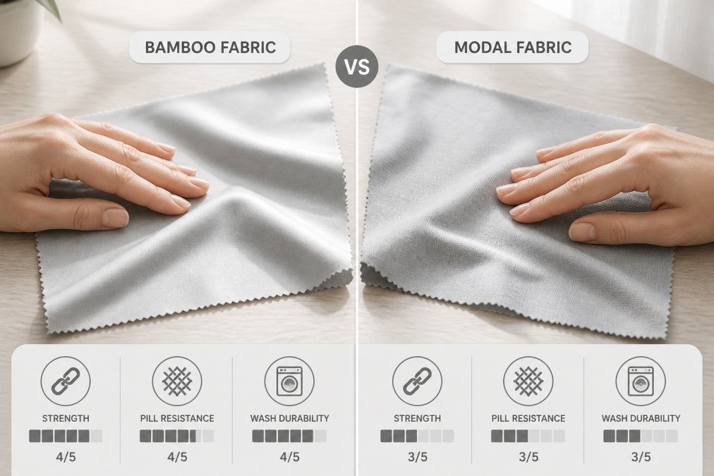 Close-up of hands gently touching two fabric swatches laid flat on a light wooden surface, showing the smooth, silky texture of bamboo fabric compared to another material, with natural window lighting