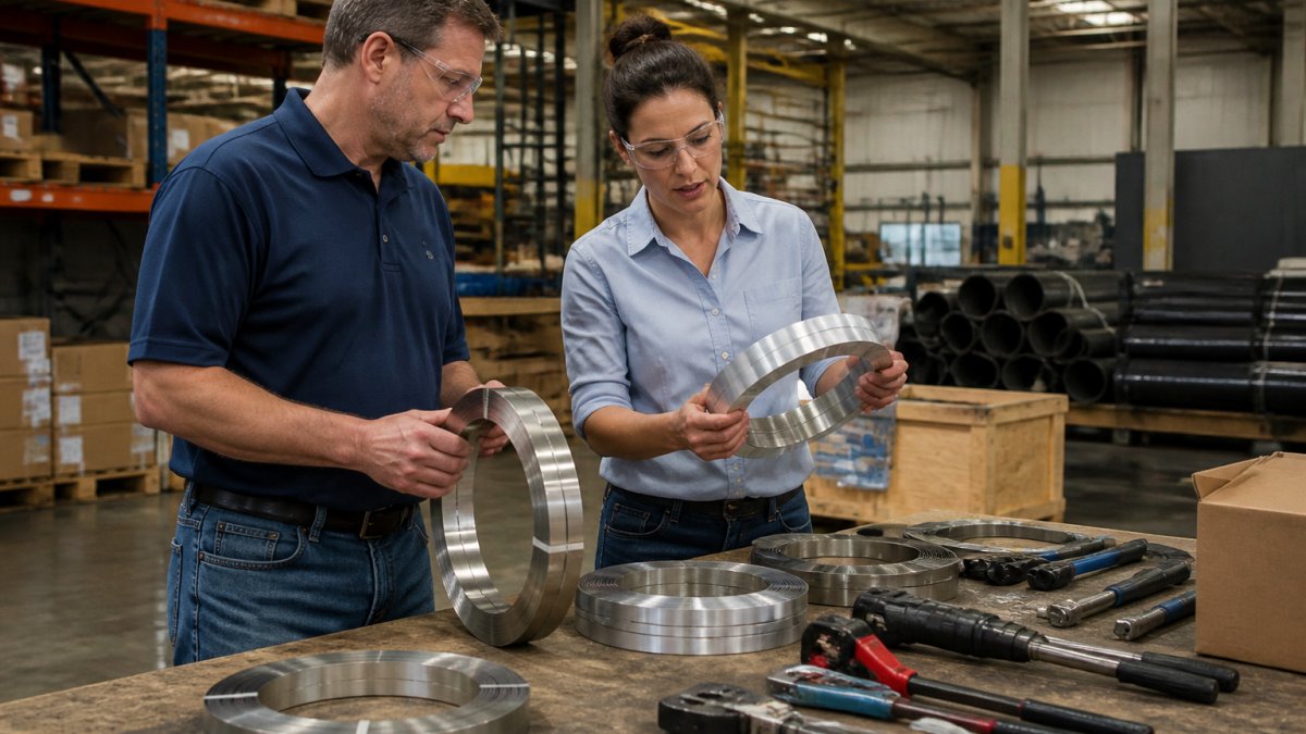 Procurement manager and field supervisor reviewing stainless steel banding coils and tensioning tools on a warehouse workbench under overhead lighting