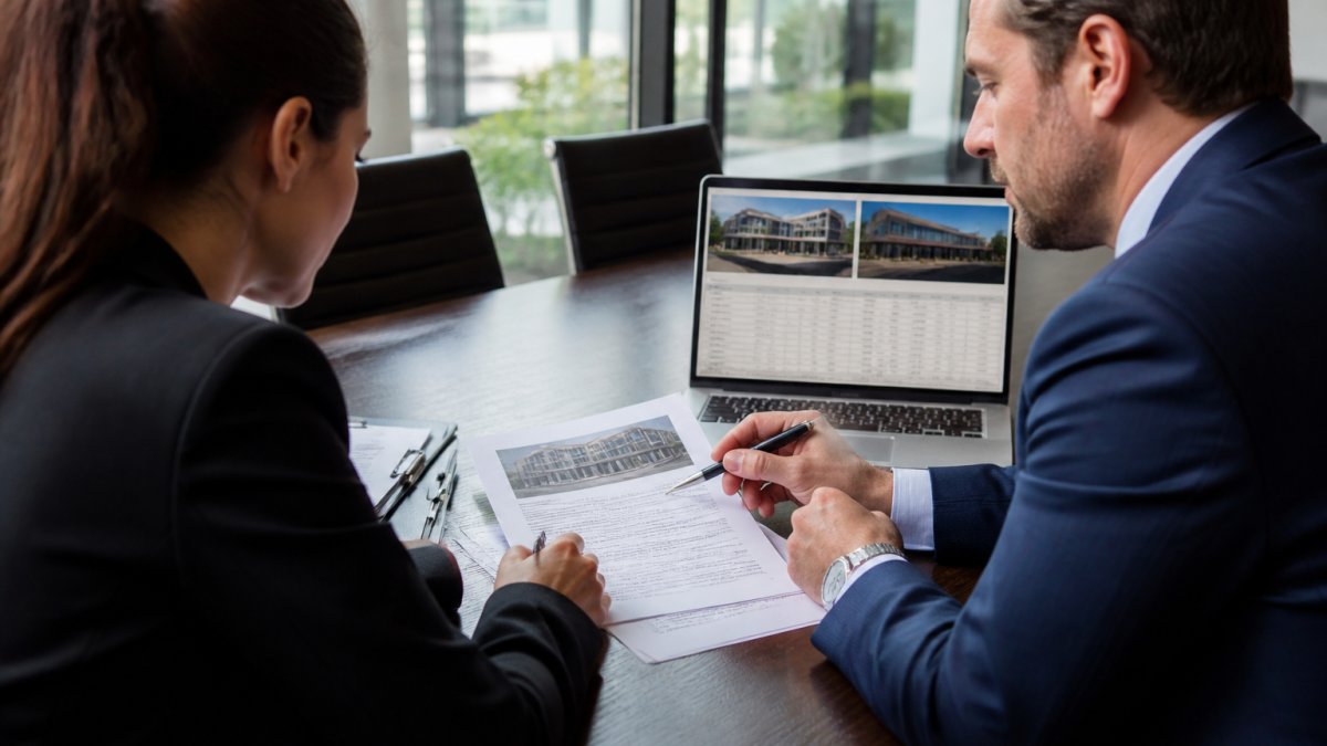 Two business professionals reviewing commercial real estate loan documents at a conference table, laptop displaying property photos and spreadsheets, bright modern office