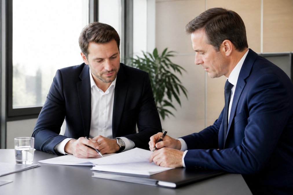 A business professional in a modern office reviewing documents with a bank advisor, both looking at paperwork on a desk, natural daylight, focused and confidential atmosphere
